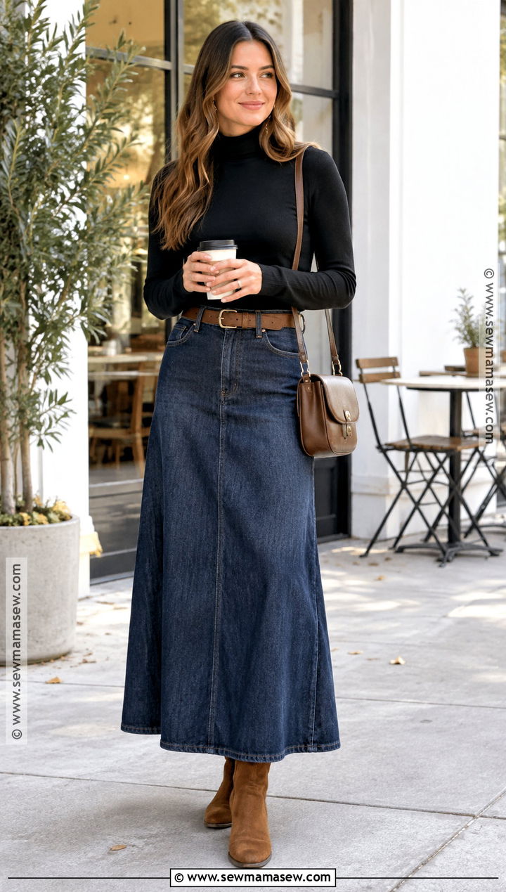 Turtleneck And Denim Maxi Skirt - 20 fall outfit modest ideas