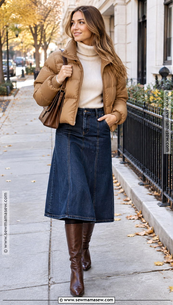Turtleneck And Denim Midi Skirt Cold Autumn Outfit - 25 cold autumn outfits