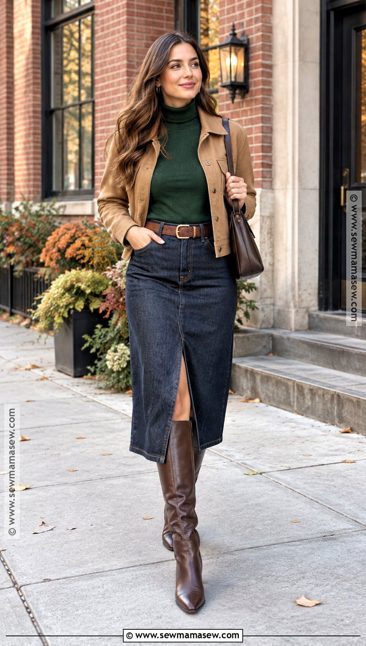 Turtleneck And Denim Midi Skirt Fall Weather Outfit - 25 fall weather outfits