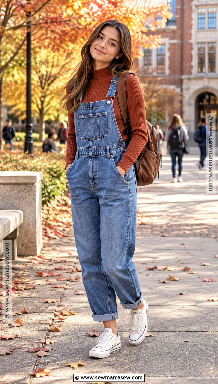 Turtleneck And Denim Overalls Fall School Outfit - 15 Fall School Outfits Highschool Casual