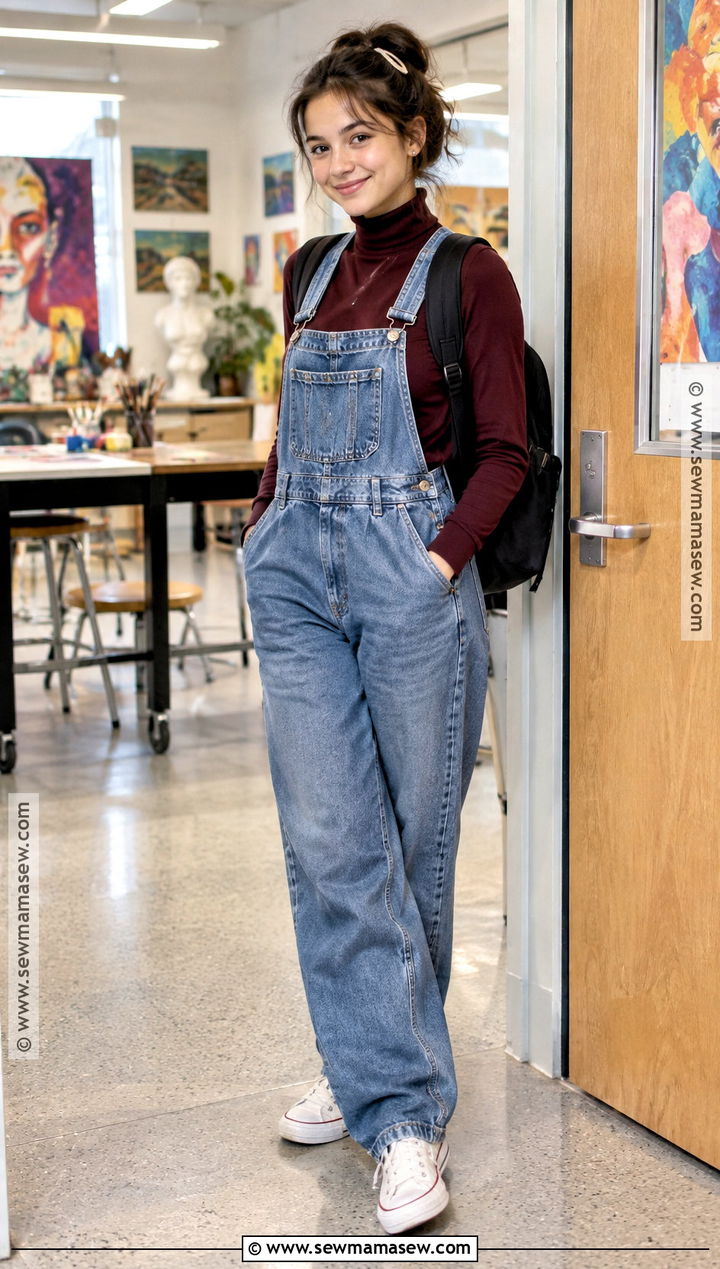 Turtleneck And Denim Overalls Fall School Outfit - 20 fall school outfits highschool