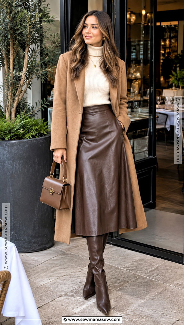 Turtleneck And Leather Midi Skirt Fall Brunch Outfit - 25 fall brunch outfit ideas