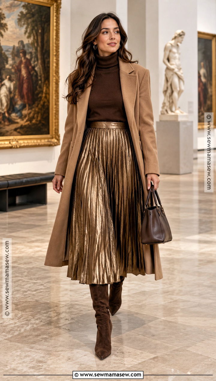 Turtleneck And Metallic Pleated Skirt Outfit - 25 fancy fall outfits