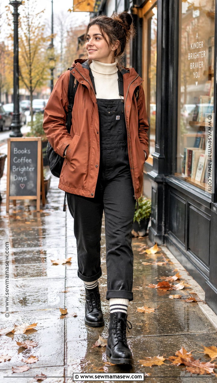 Turtleneck And Overalls Outfit - 15 fall rainy day outfits comfy