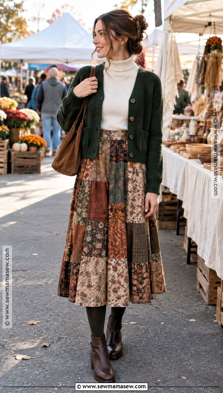Turtleneck And Patchwork Skirt Cottagecore Fall Outfit - 20 cottagecore fall outfits