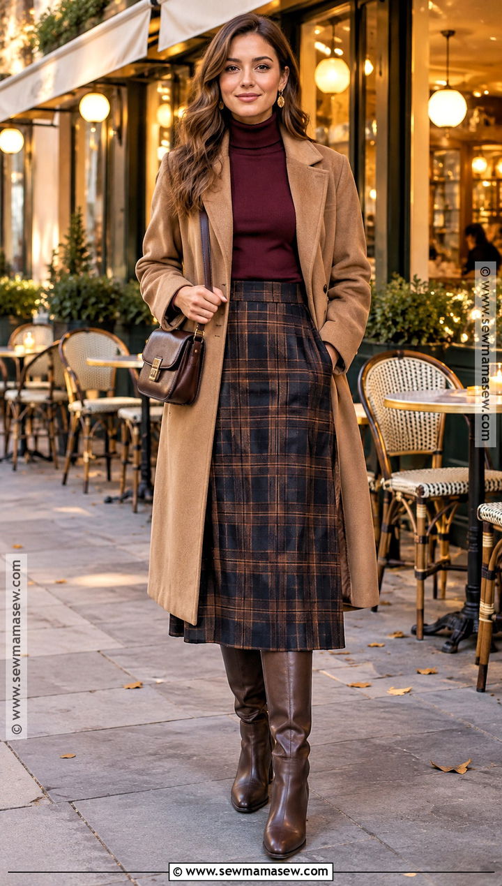 Turtleneck And Plaid Midi Skirt Autumn Date Night Outfit - 15 autumn date night outfit casual ideas