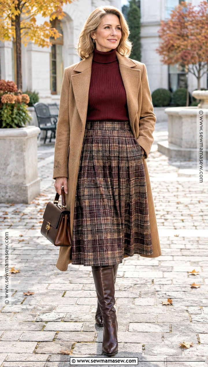 Turtleneck And Plaid Midi Skirt Fall Outfit - 20 fall cool girl outfits