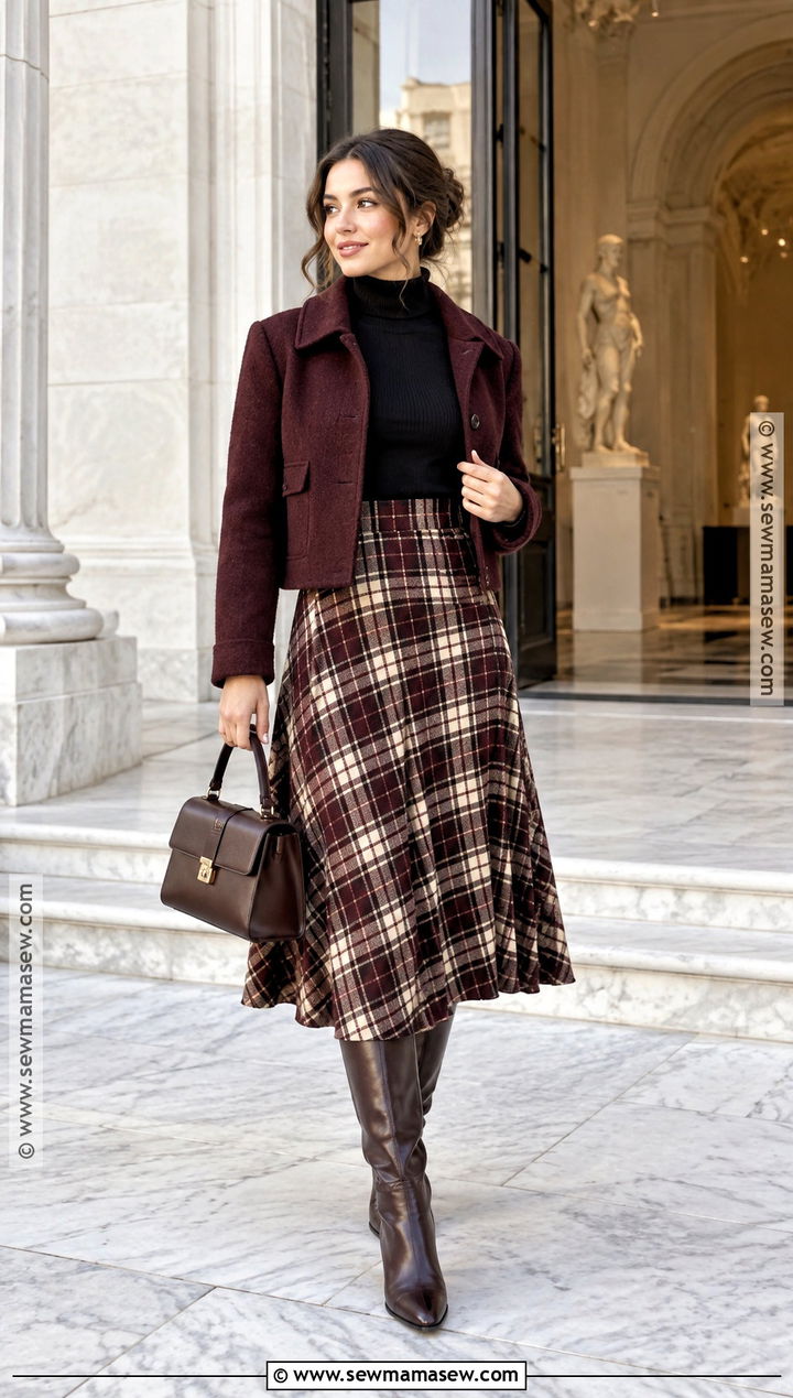 Turtleneck And Plaid Midi Skirt Fall Outfit - 25 fall outfit inspired ideas