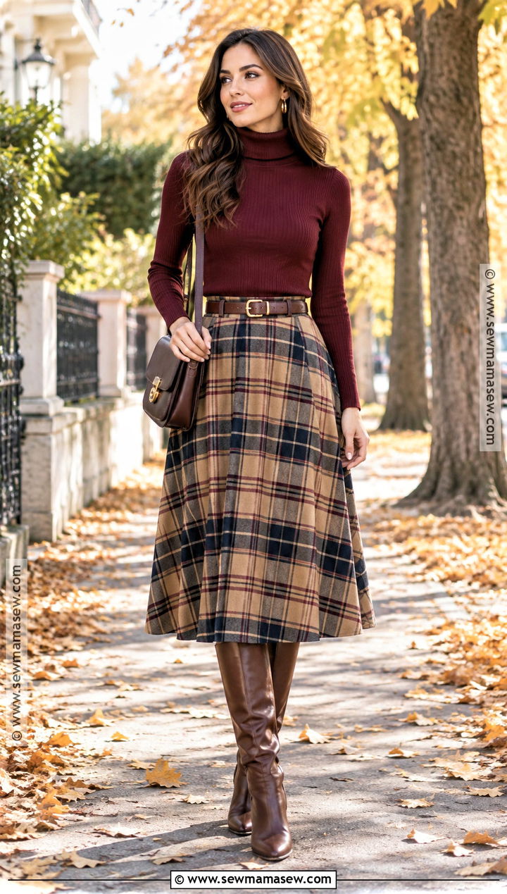 Turtleneck And Plaid Midi Skirt Fall Outfit - 20 Aesthetic Fall Outfit Ideas