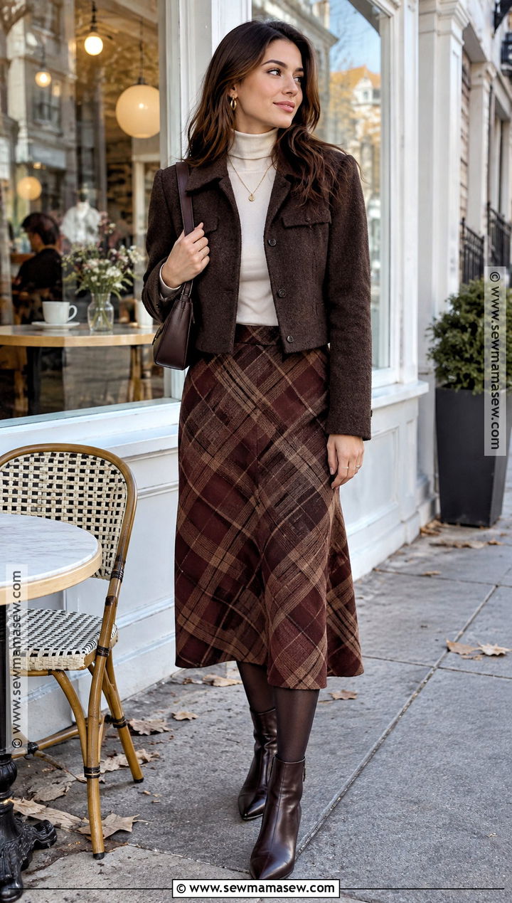Turtleneck And Plaid Skirt Coffee Outfit - 20 Fall Coffee Outfit Ideas