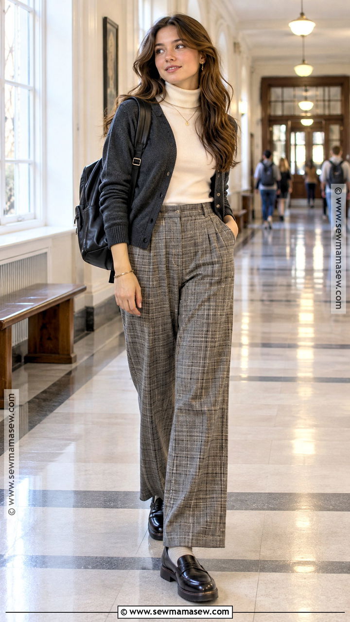 Turtleneck And Plaid Trousers Outfit - 20 Back To School Clothes Ideas