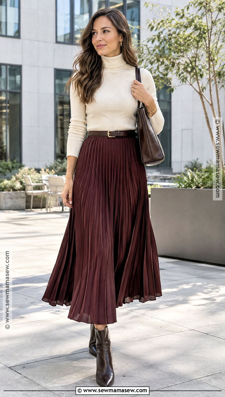 Turtleneck And Pleated Midi Skirt Fall Work Outfit - 20 fall work fits