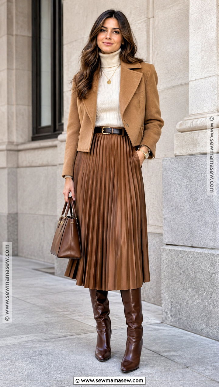 Turtleneck And Pleated Midi Skirt Outfit - 20 Autumnal Outfits for Women