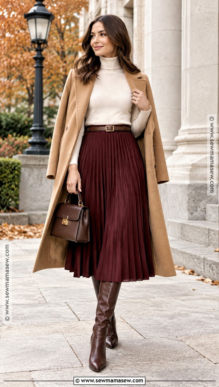 Turtleneck And Pleated Midi Skirt Outfit - 15 fall fashion 2420 ideas