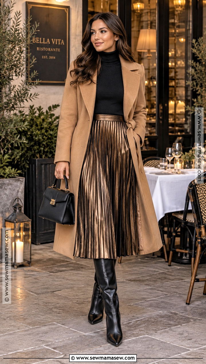 Turtleneck And Pleated Skirt Fall Dinner Outfit - 30 fall dinner outfit ideas