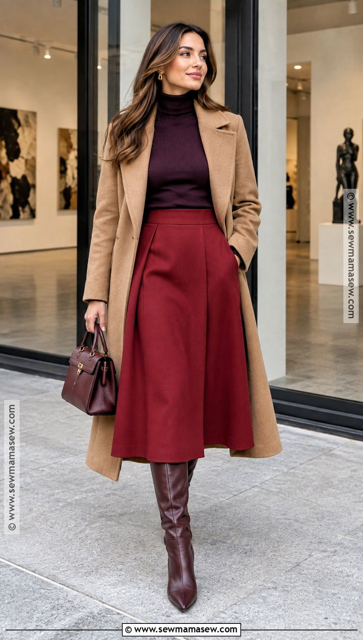 Turtleneck And Red Midi Skirt Fall Outfit - 25 fall autumn outfits