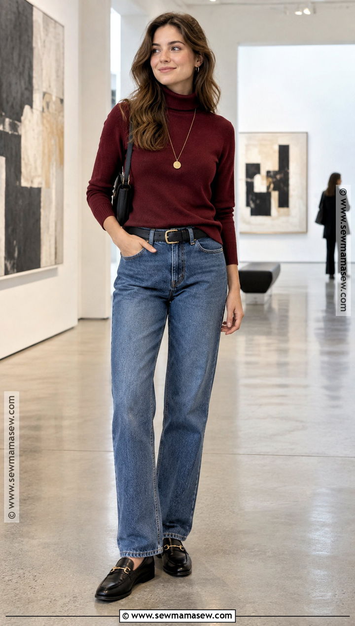 Turtleneck And Relaxed Jeans Fall Outfit - 25 chill fall outfits