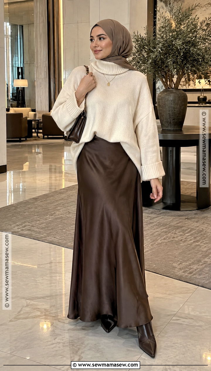 Turtleneck And Satin Maxi Skirt Hijab Outfit - 20 fall outfits women hijab
