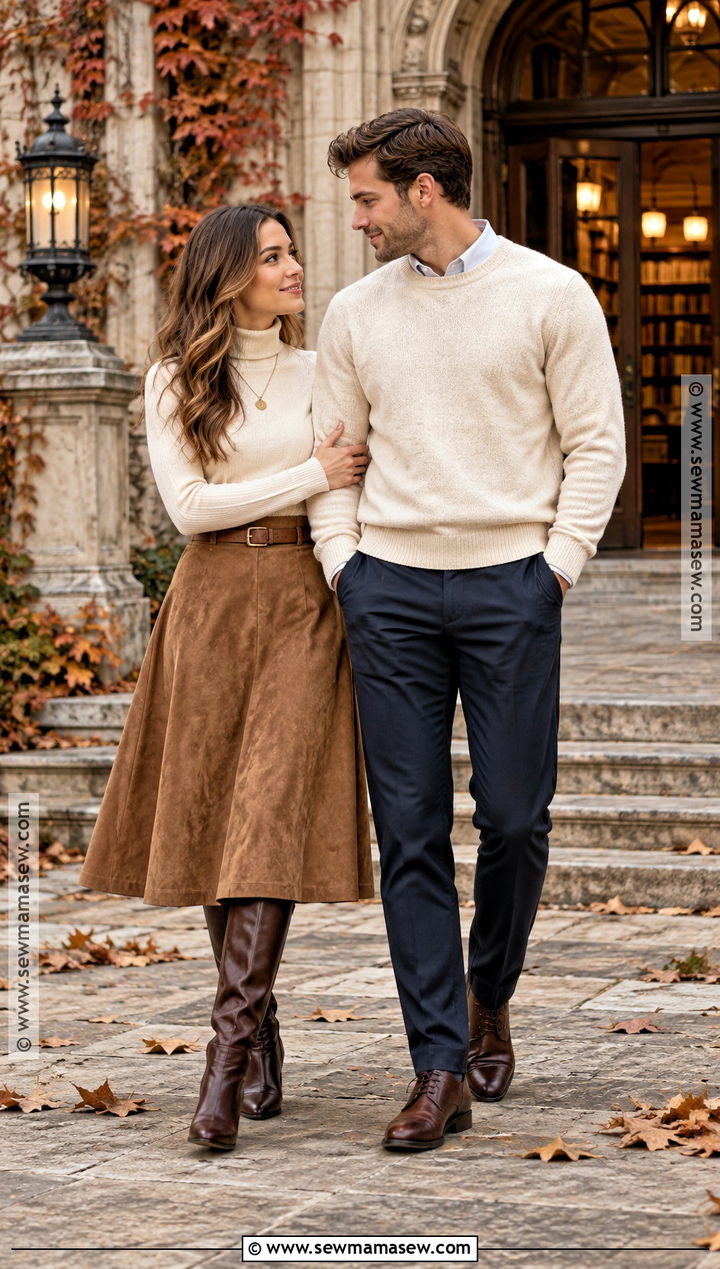 Turtleneck And Suede Midi Skirt Engagement Outfit - 15 engagement photoshoot fall outfits