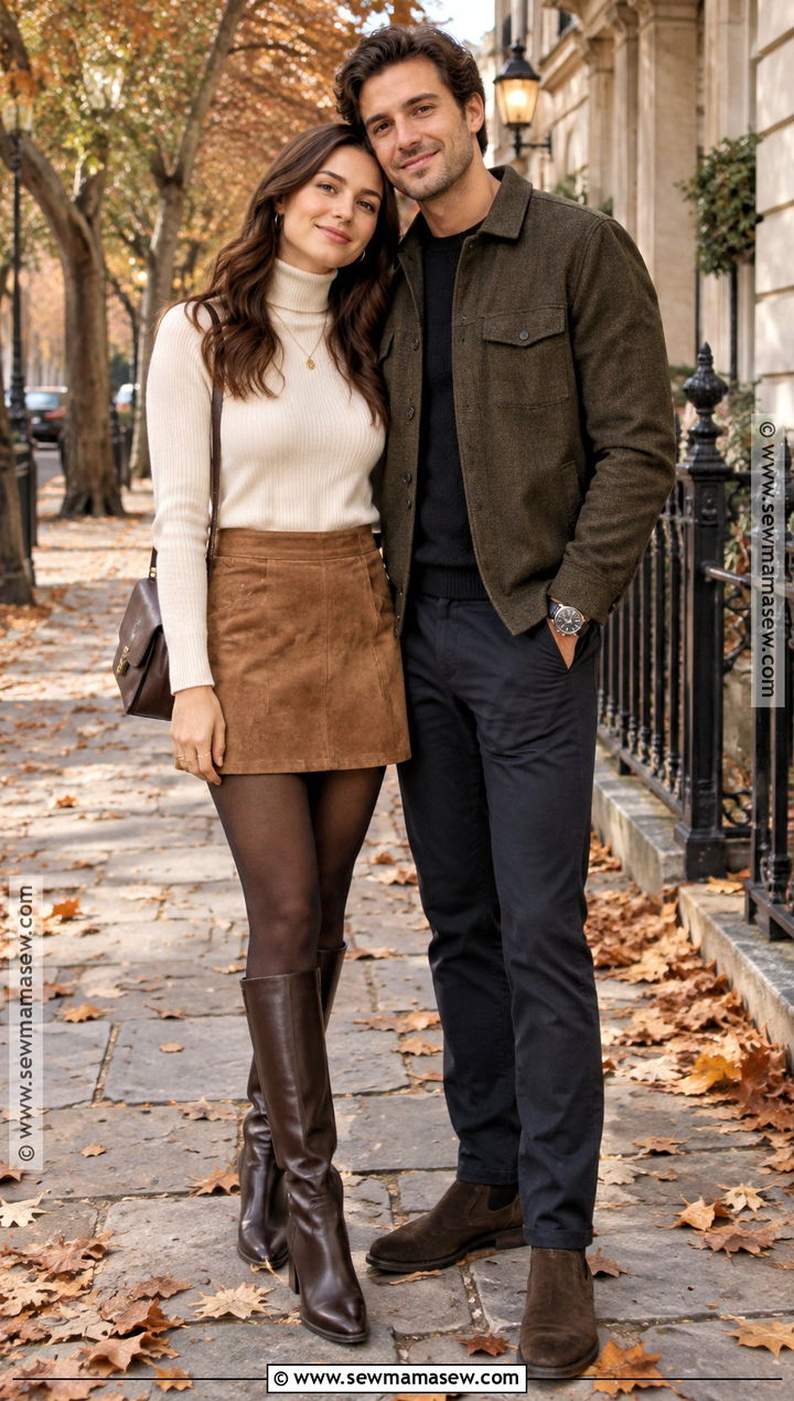 Turtleneck And Suede Skirt Fall Engagement Outfit - 15 casual engagement pictures outfits fall
