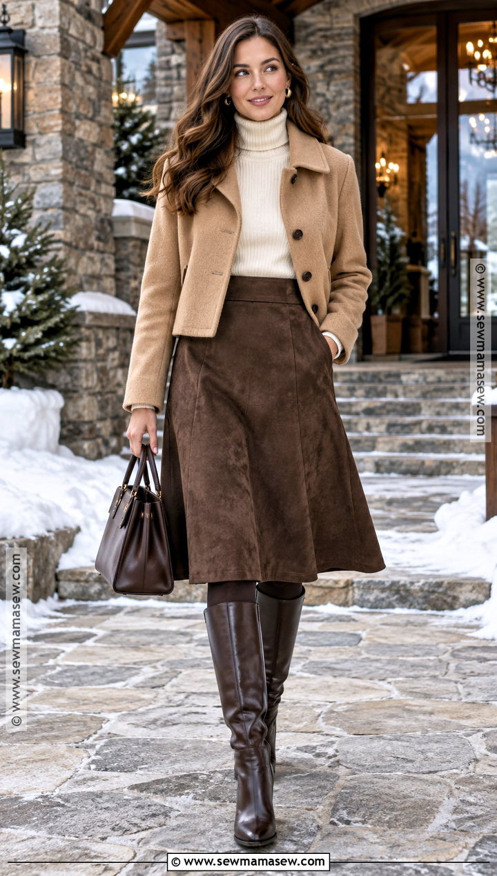 Turtleneck And Suede Skirt Mountain Outfit - 15 mountain vacation outfits fall