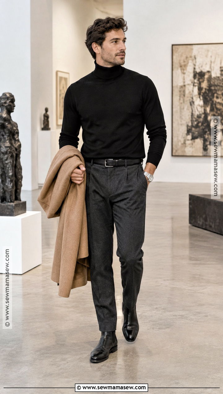 Turtleneck And Tailored Trousers Fall Outfit - 20 fall outfit inspo ideas for men