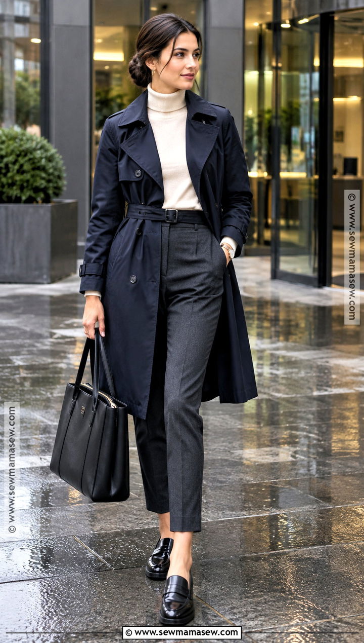Turtleneck And Trench Coat Office Outfit - 25 rainy fall outfit ideas