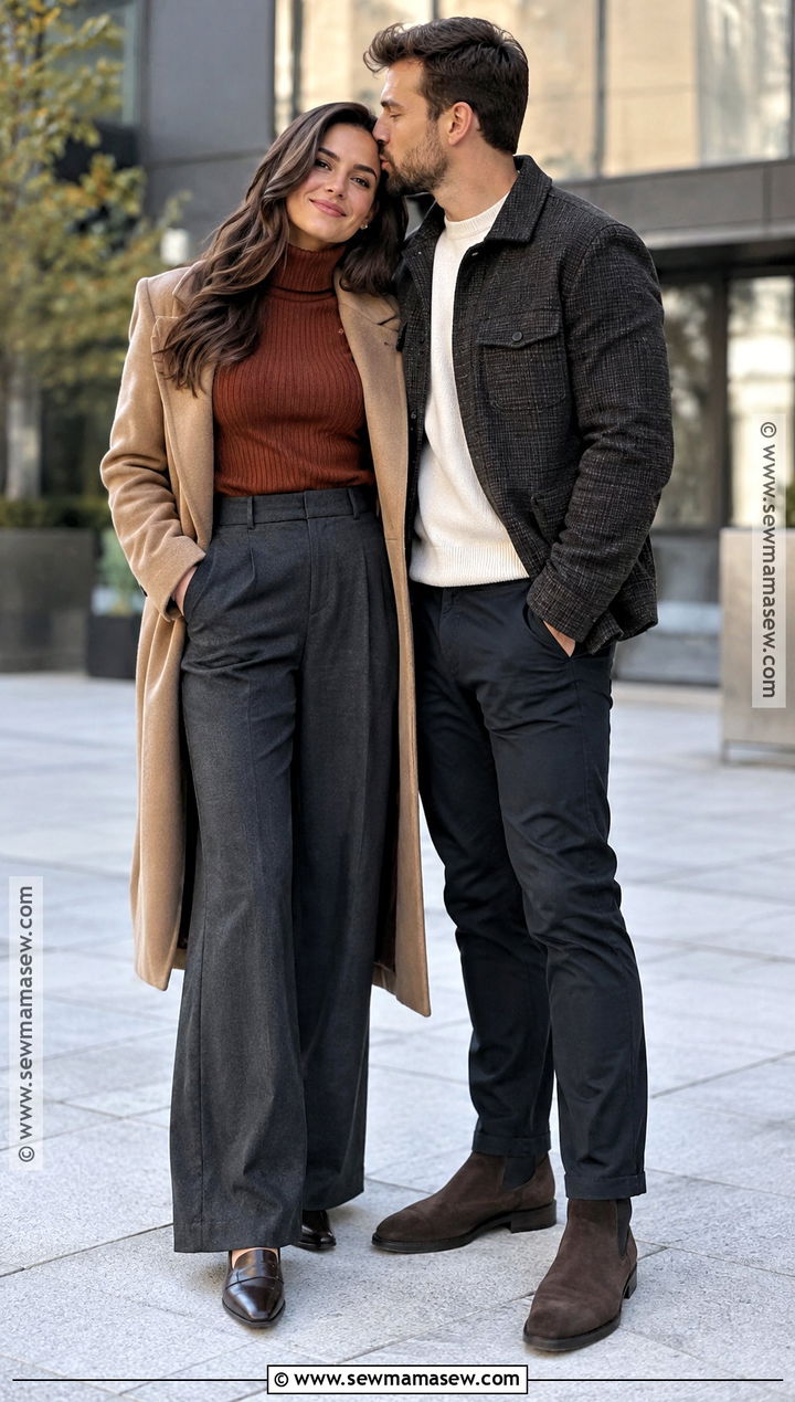 Turtleneck And Wide Leg Trousers City Engagement Outfit - 15 fall city engagement pictures outfit ideas