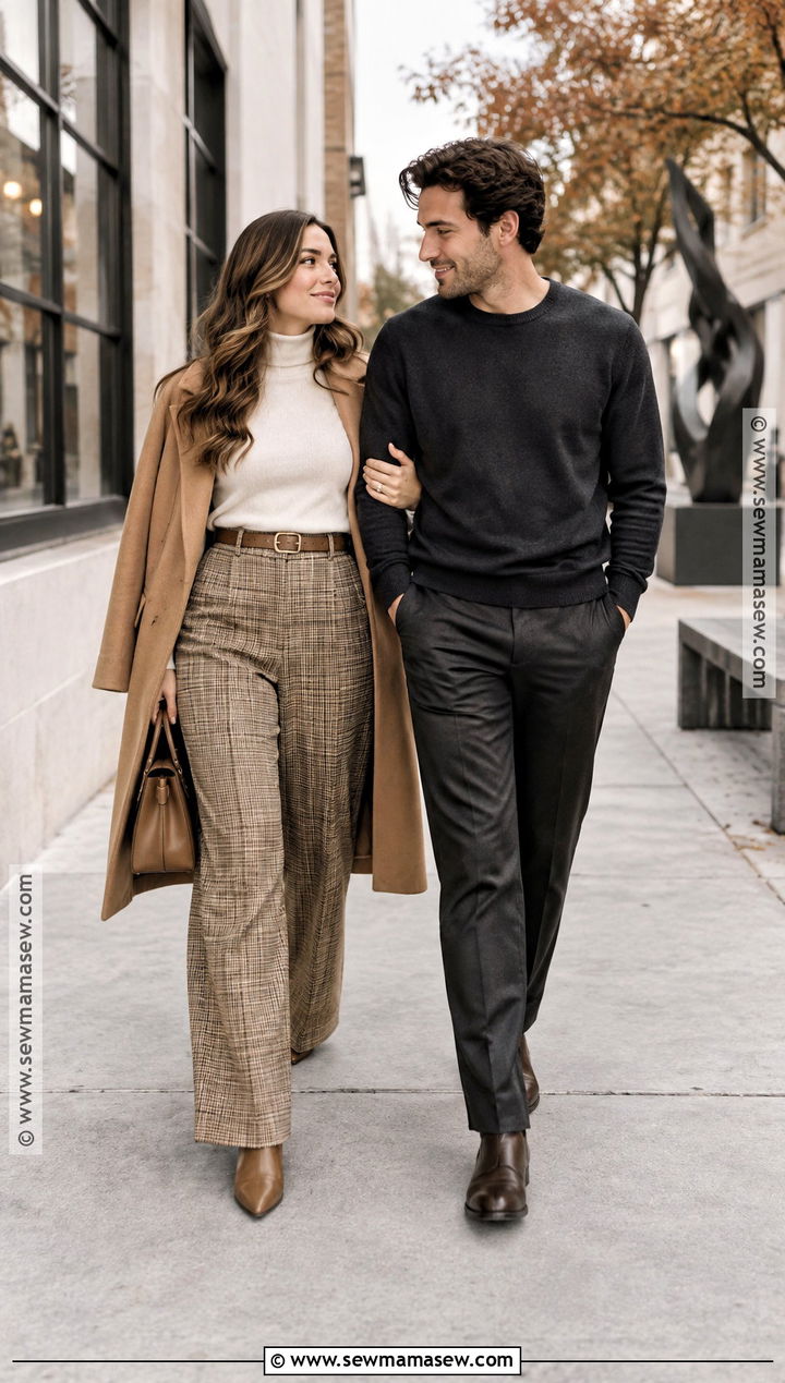Turtleneck And Wide Leg Trousers Fall Engagement Photo Outfit - 25 fall engagement photos outfits