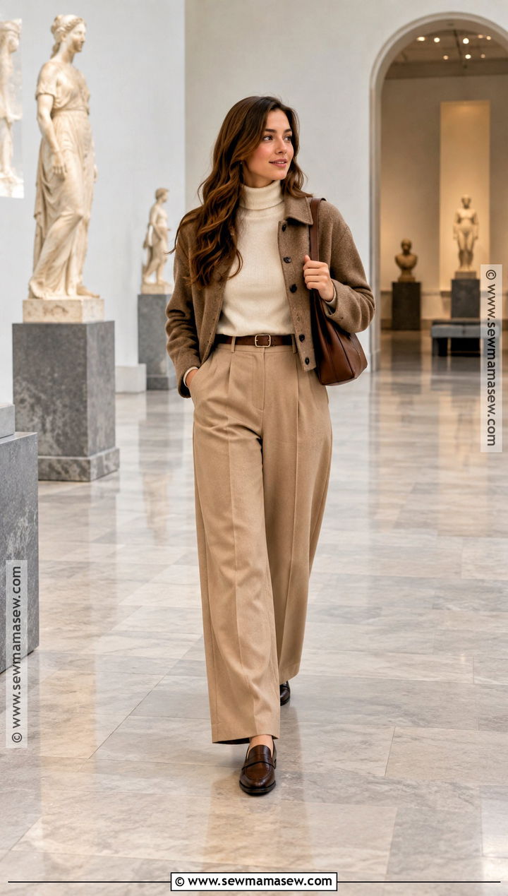Turtleneck And Wide Leg Trousers Museum Outfit - 15 fall museum date outfit ideas