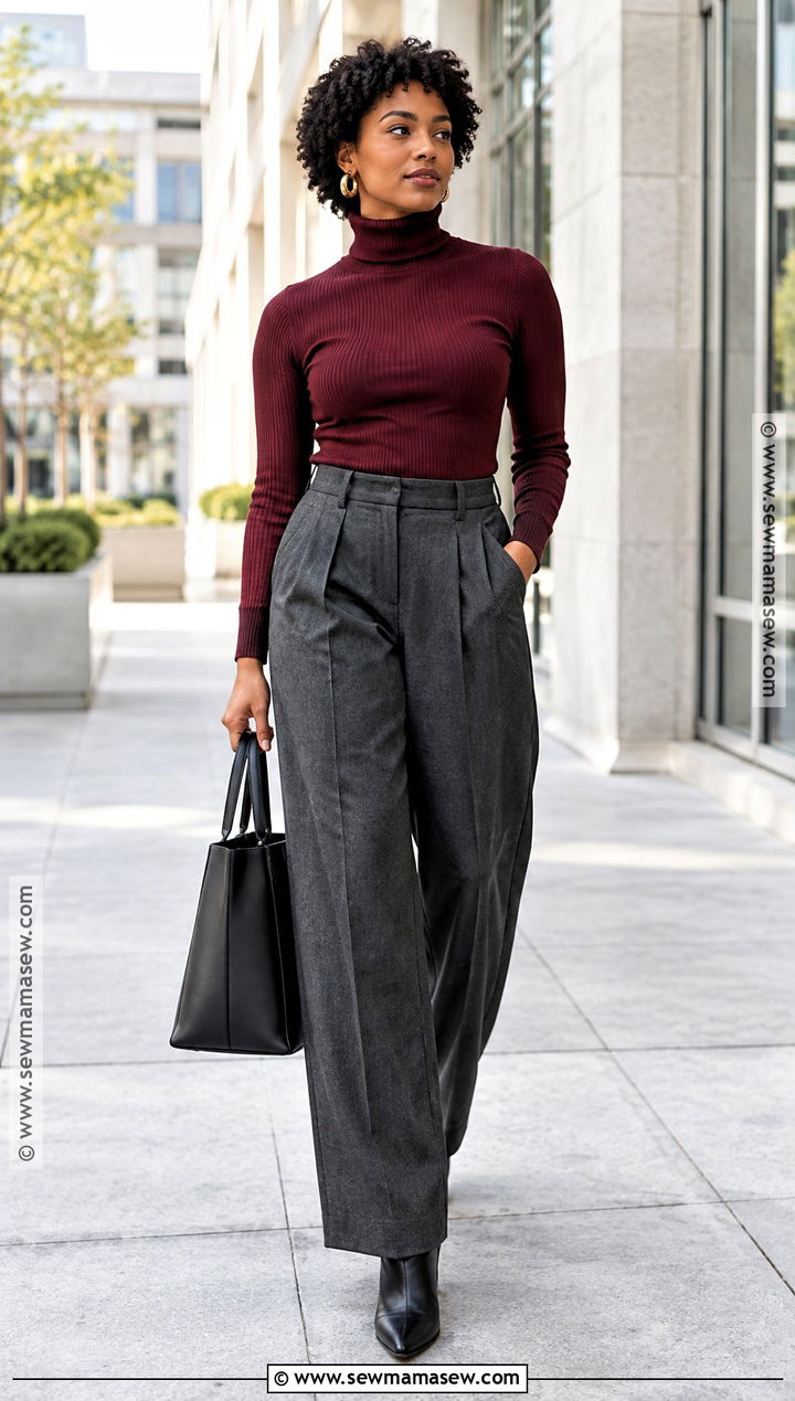 Turtleneck And Wide Leg Trousers Outfit With Short Hair - 15 fall outfits with short hair