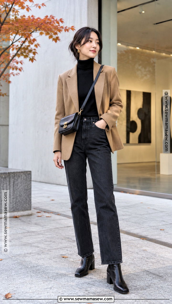 Turtleneck Blazer And Straight Jeans Japan Autumn Outfit - 20 japan travel outfit autumn ideas