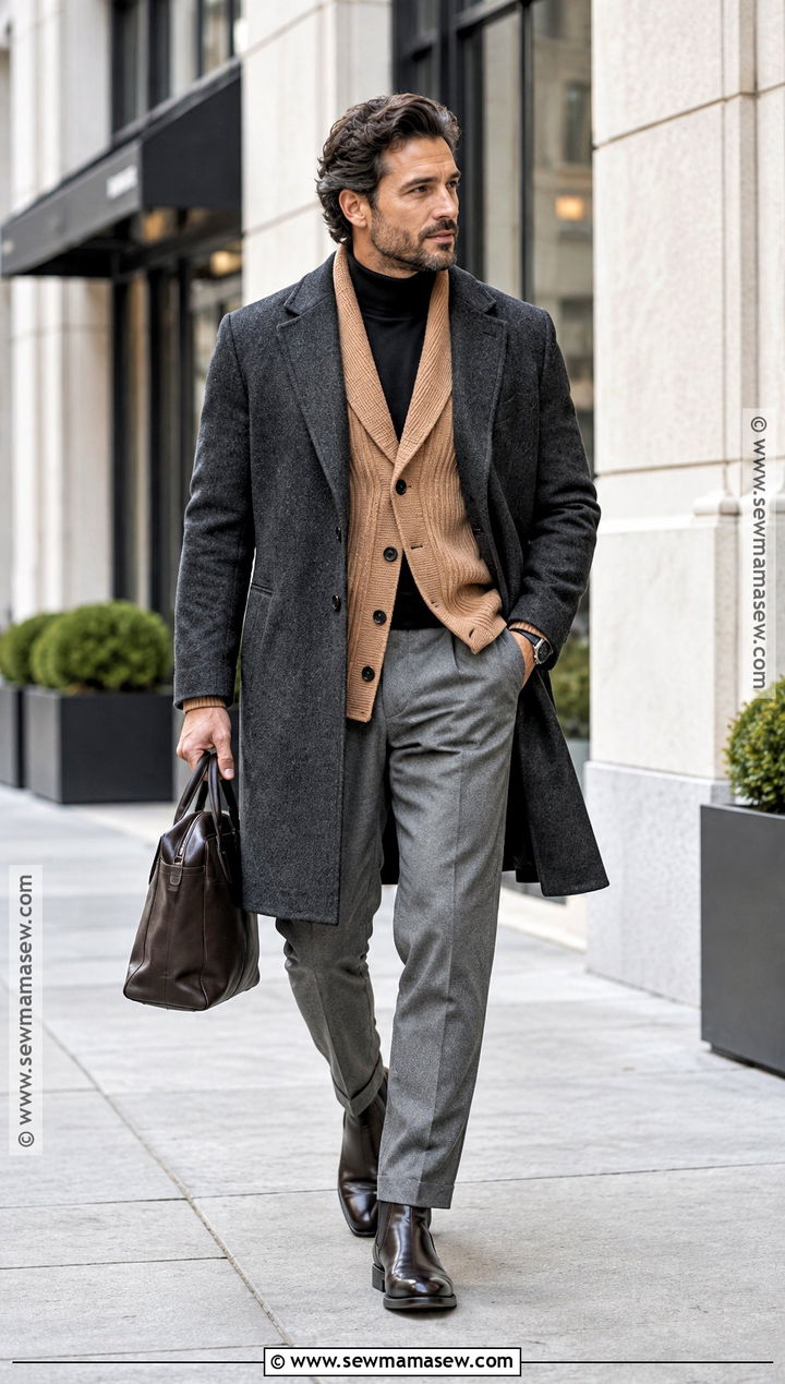 Turtleneck Cardigan and Wool Coat Fall Outfit - 15 fall layering outfits for men