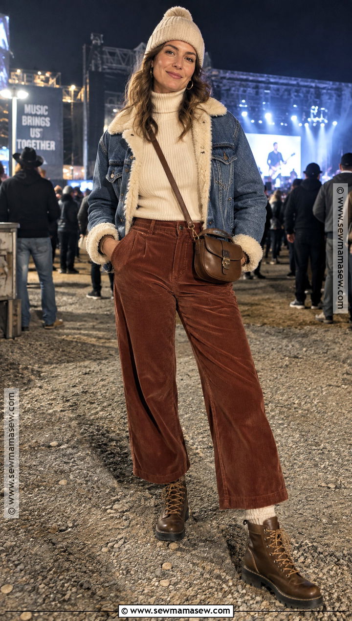 Turtleneck Corduroy Pants Shearling Jacket Concert Outfit - 15 Fall Concert Outfit Night Outside Ideas