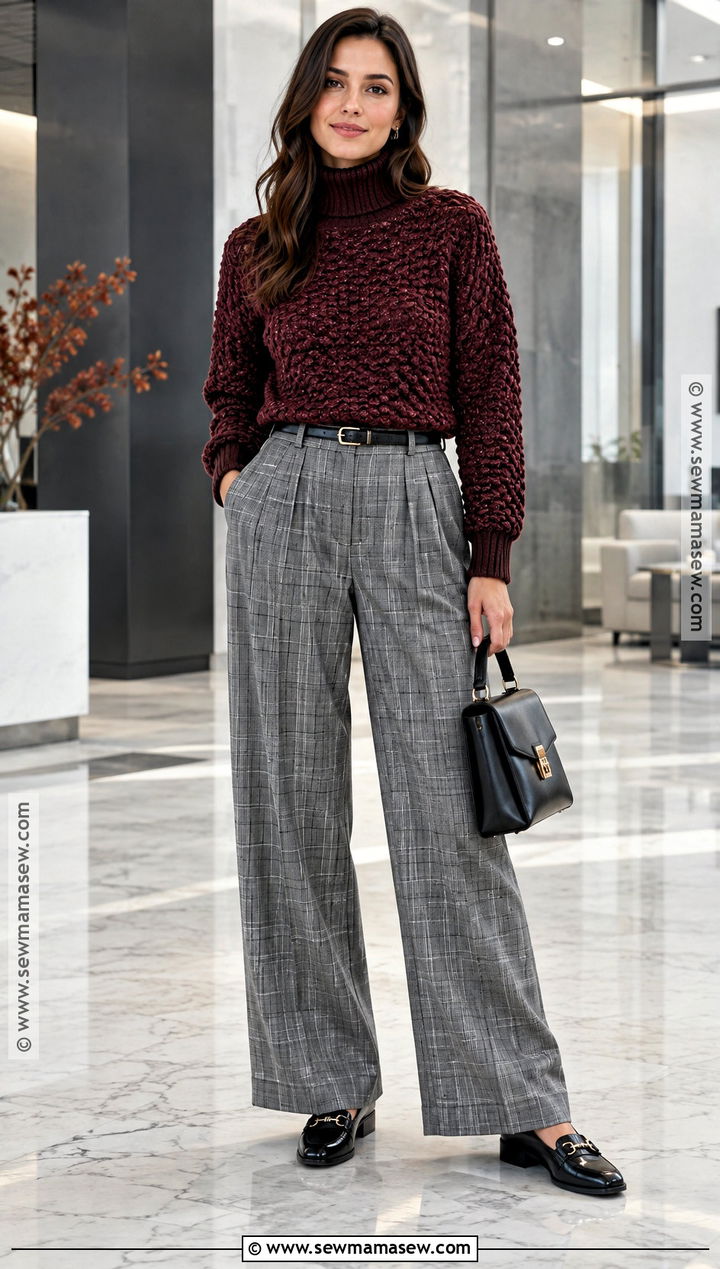 Turtleneck Crochet Sweater With Plaid Trousers - 25 fall crochet sweater ideas