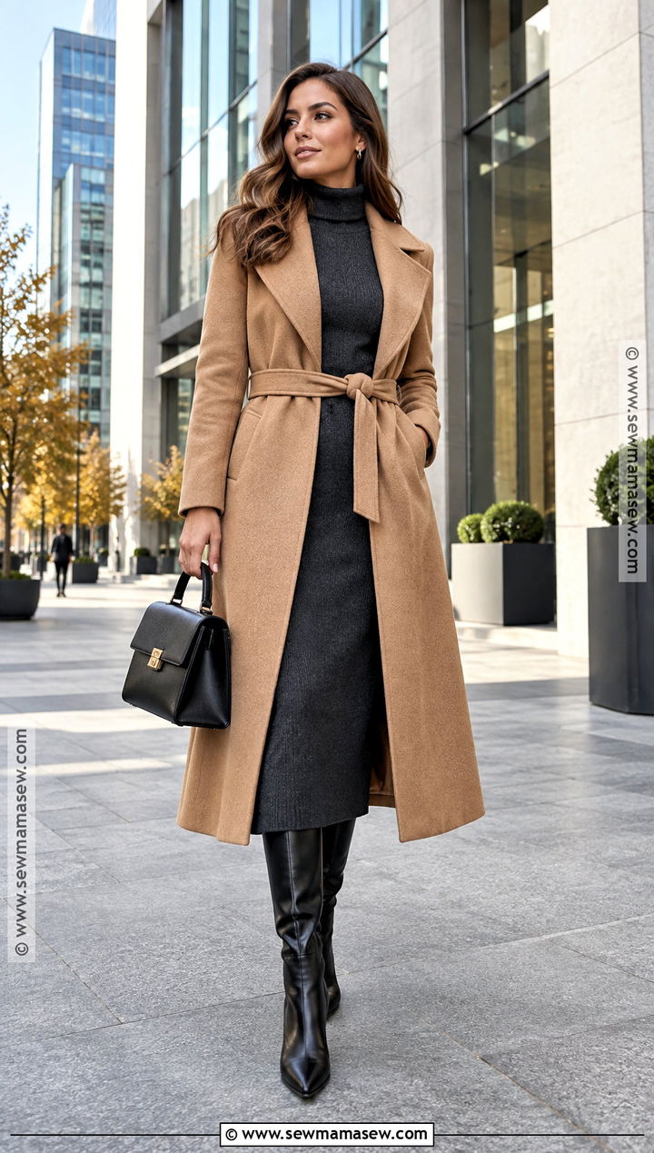 Turtleneck Dress And Belted Coat Outfit - 25 dress fall outfits