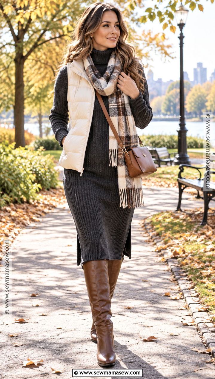 Turtleneck Dress And Puffer Vest Modest Fall Outfit - 25 fall outfits modest