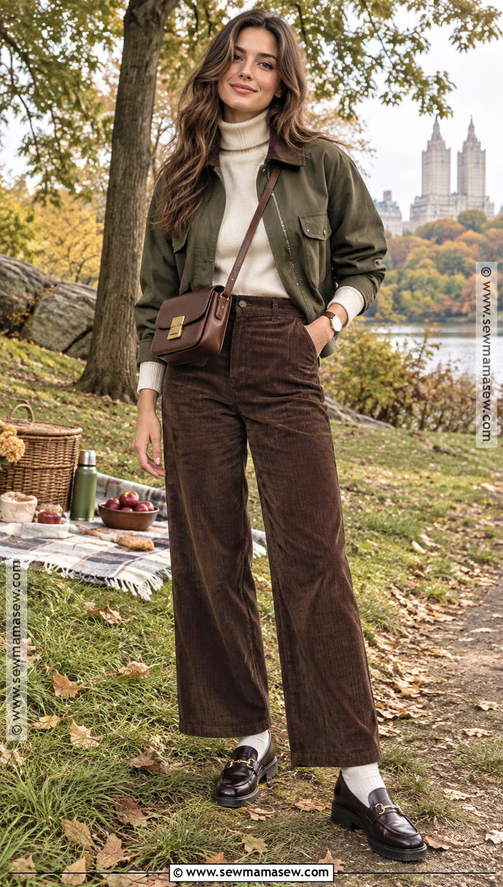 Turtleneck Fall Picnic Outfit With Corduroy Pants And Loafers - 20 picnic outfit fall ideas