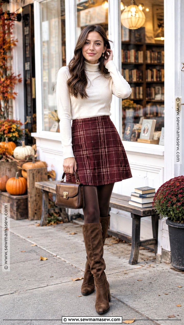 Turtleneck Plaid Skirt and Tall Boots - 15 daytime date outfit fall ideas