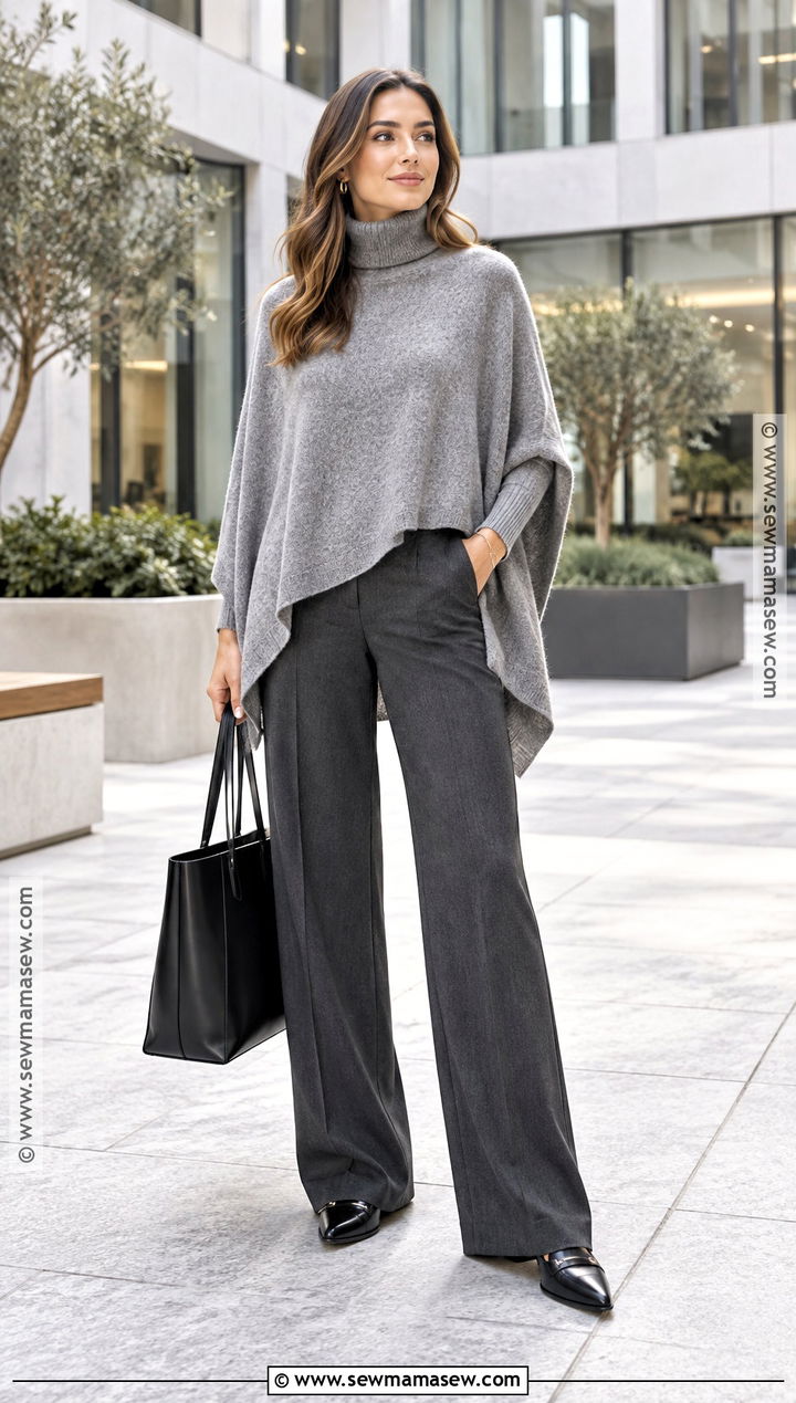 Turtleneck Poncho With Wide Leg Trousers - 15 fall fashion poncho style ideas