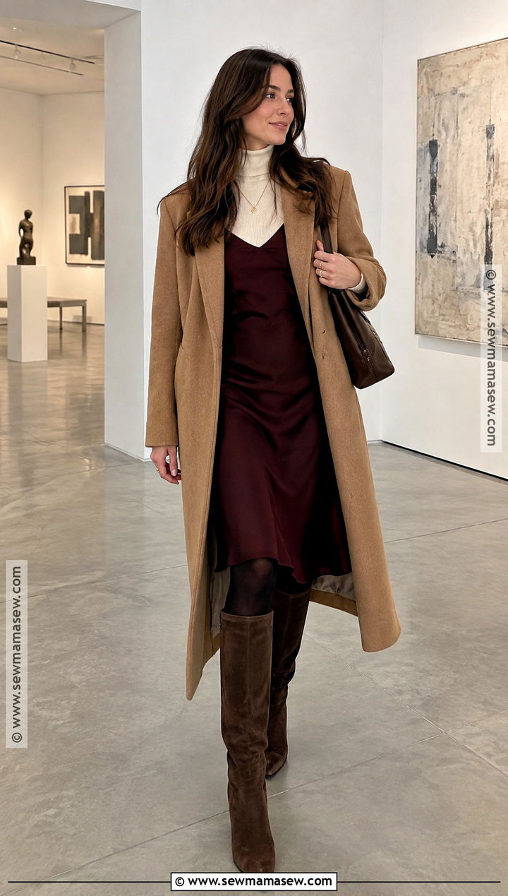 Turtleneck Slip Dress And Tall Boots Winter Outfit - 15 Outfit Inspo Fall And Winter Ideas