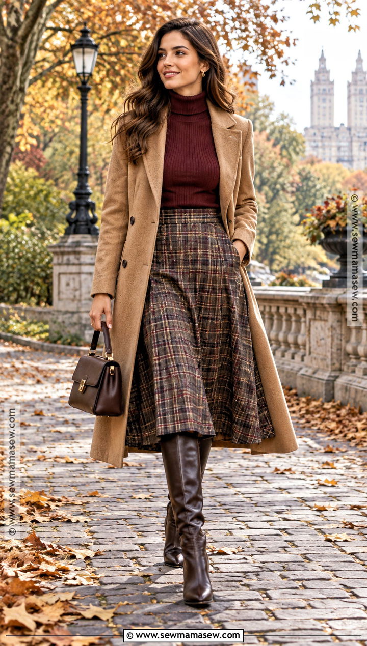 Turtleneck Sweater Outfit With Plaid Midi Skirt - 15 Knitwear Fall Ideas