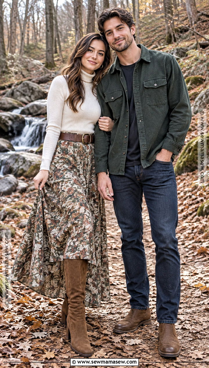 Turtleneck Sweater With Floral Maxi Skirt - 15 boho engagement photos outfits fall