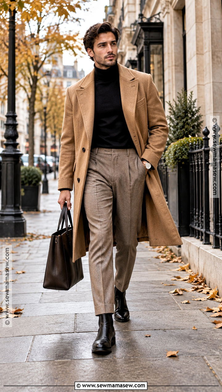 Turtleneck Sweater With Overcoat And Tailored Trousers - 15 autumn sweater ideas for men