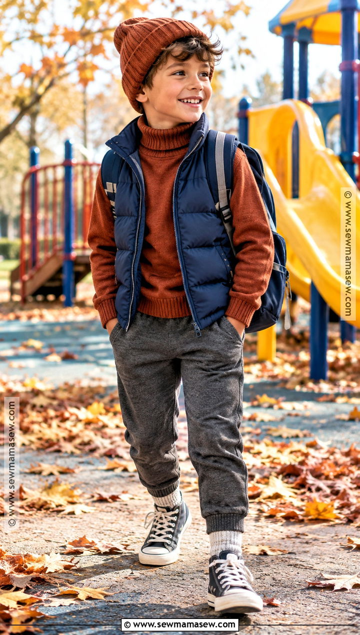 Turtleneck Sweater With Puffer Vest And Joggers - 15 kids knitwear fall fashion ideas