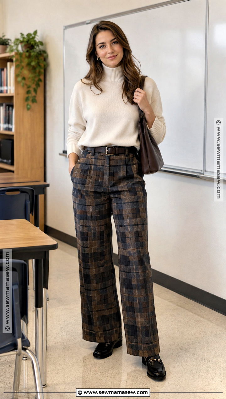 Turtleneck Teacher Outfit With Plaid Pants - 15 teacher outfit inspo fall ideas