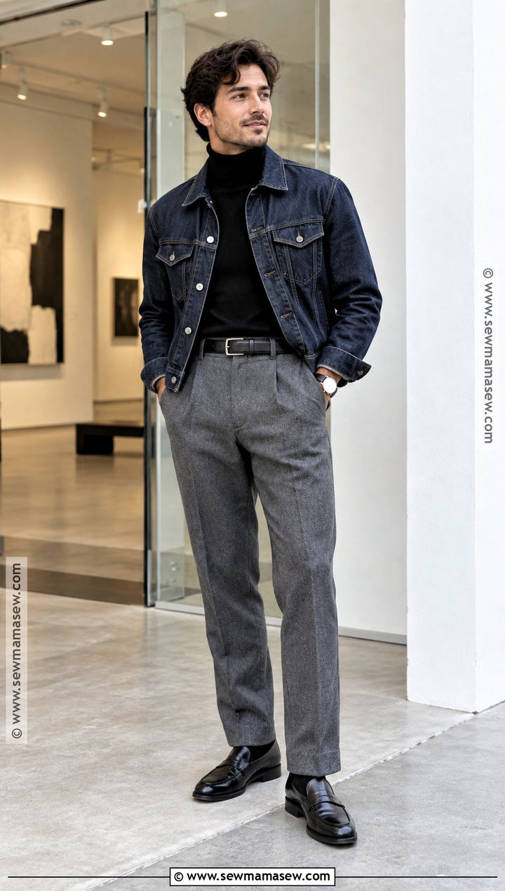 Turtleneck With Denim Jacket And Wool Trousers - 20 Mens Casual Fall Outfits