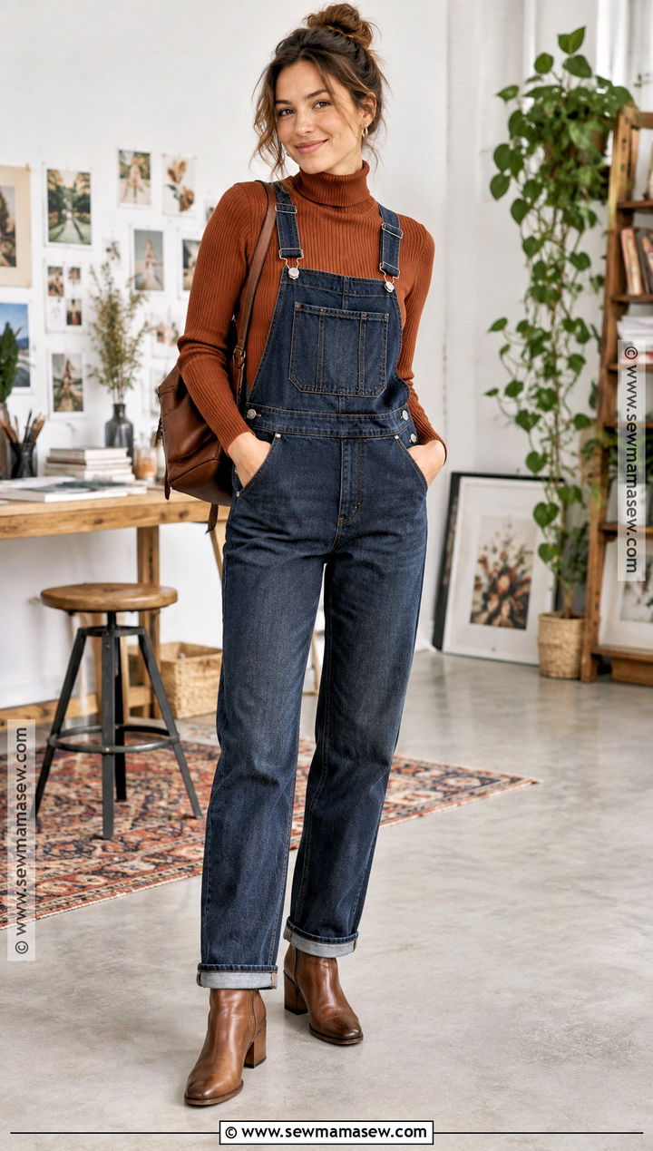 Turtleneck With Denim Overalls And Boots - 30 comfy fall outfits