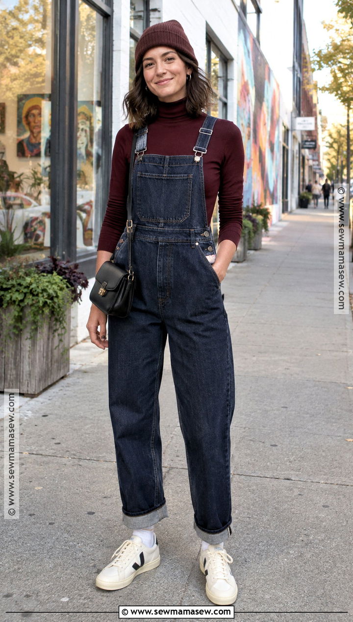 Turtleneck With Denim Overalls And Sneakers - 20 Fall Comfortable Outfits