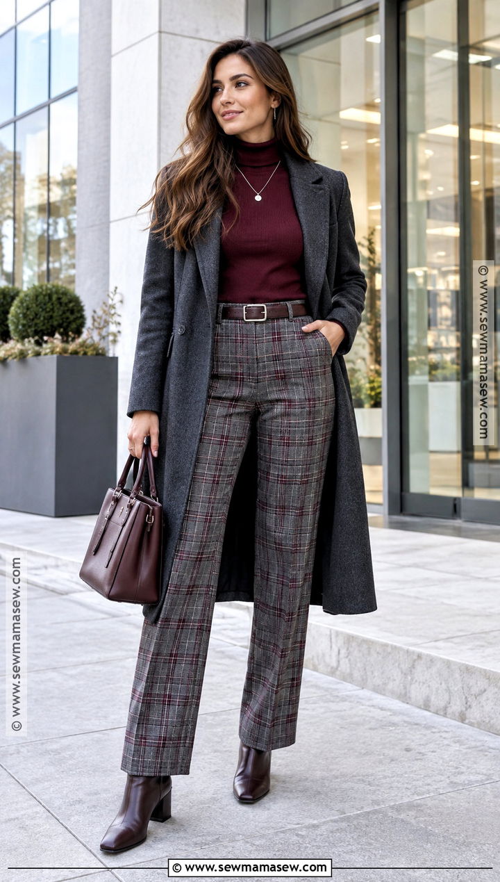 Turtleneck With Plaid Pants And Wool Coat - 15 Warm November Outfits
